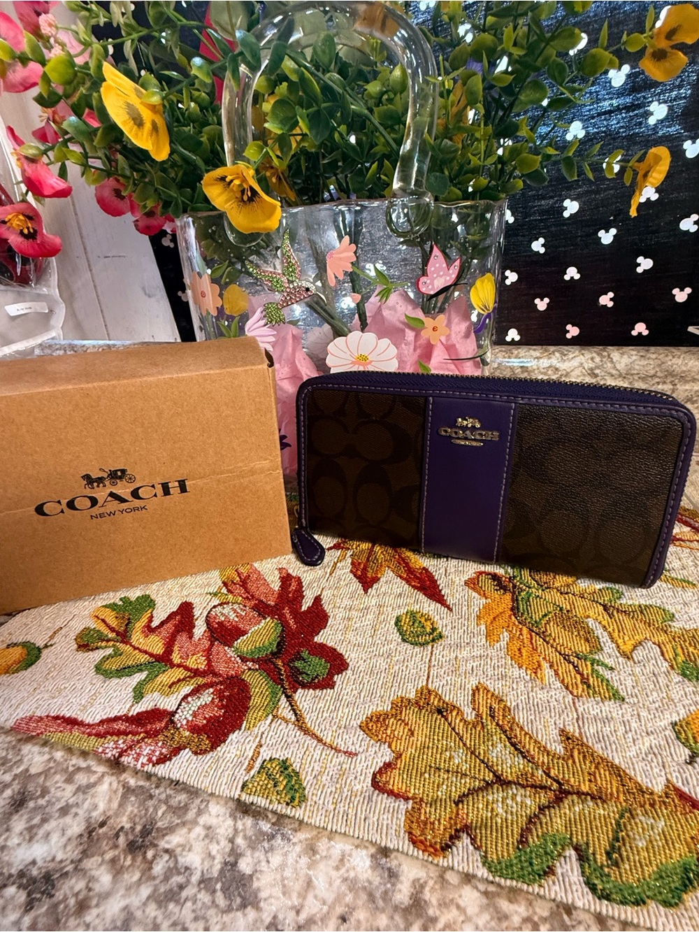 COACH Brown Canvas & Purple Leather Zip Wallet